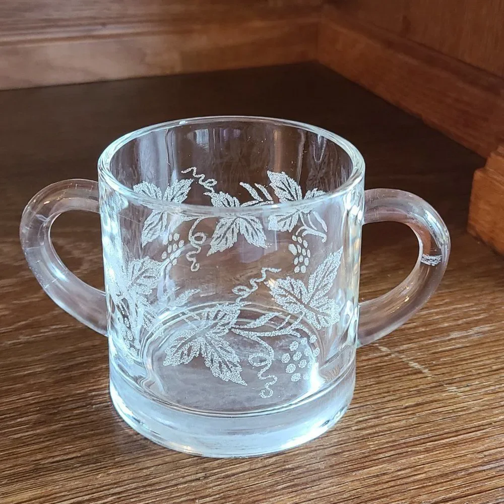 Vintage 50s Clear Glass Sugar Bowl Acid Etched With Grapes, Vine And Leaf Design
